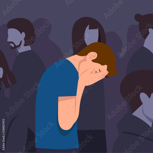 Young depressed male character holding his head. anxiety character in the crowd. sad thoughts. Flat vector illustration.