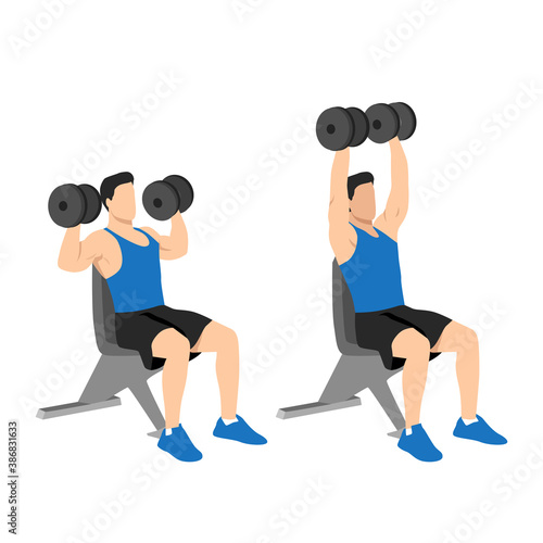 Dumbbell overhead press. Top body workout. Upper body exercises. Flat vector illustration. sitting on bench