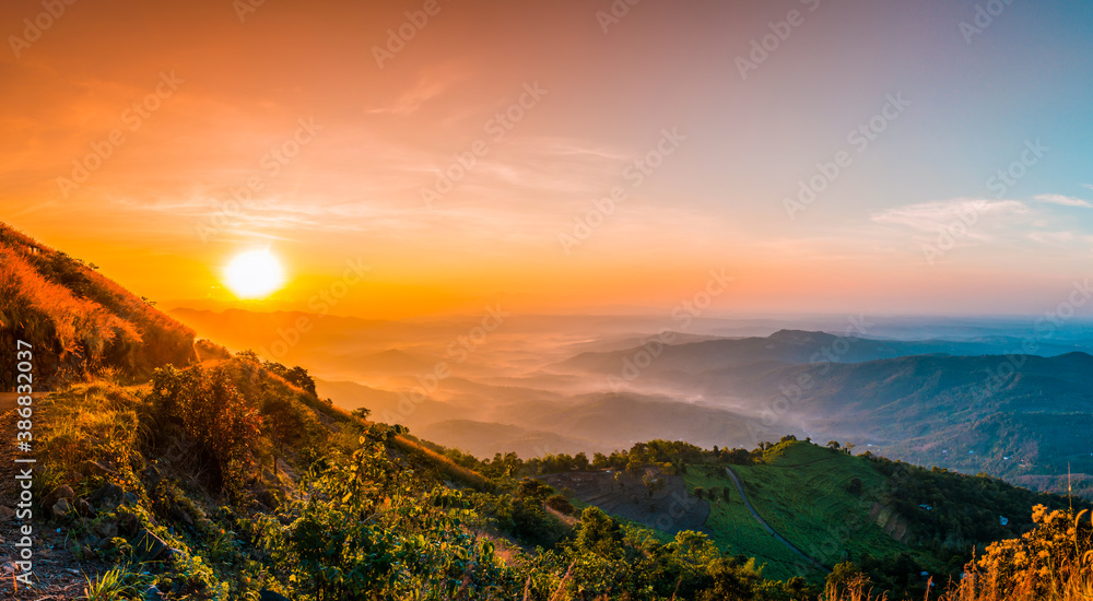 Misty Mountain sunrise view colorful nature scenery