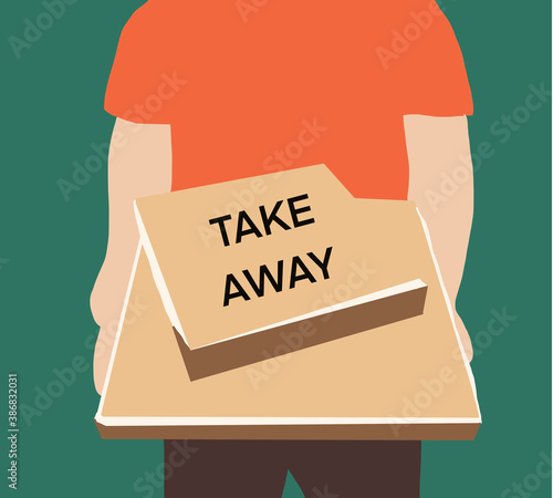 Delivery man in red uniform holding pizza cardboard boxes. Food order and delivery with copy space. Service quarantine pandemic coronavirus virus flu 2019-ncov concept