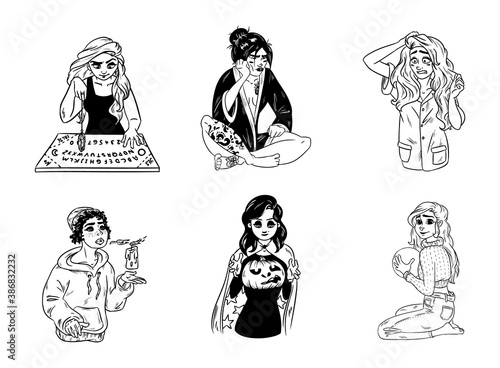 Set of hand drawn witches ladies. Collection of black and white outline images of young magical females. Ouija board and pendulum divination, Halloween or Samhain carved pumpkin. Vector illustrations