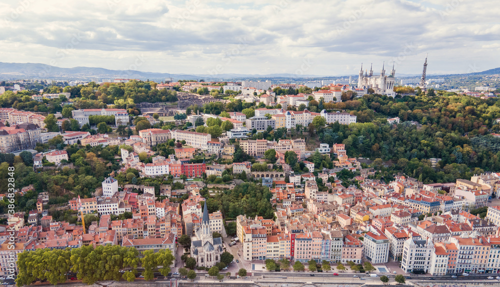 Lyon cityscape, aerial panoramic view, France