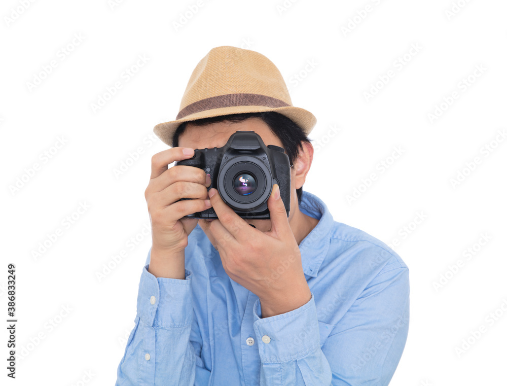 Male photographer holding SLR camera in hand to shoot Male photographer holding SLR camera in hand to shoot