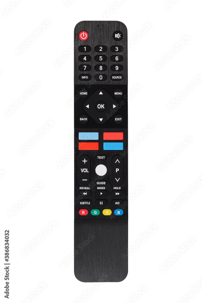 Remote control for modern TV set isolated on white background. View from above.
Remote control for modern TV set isolated on white background. View from above.