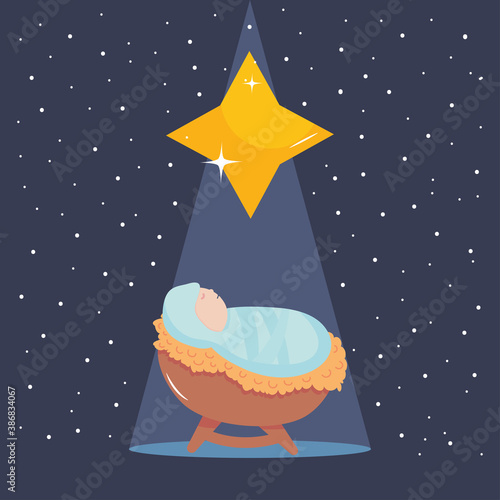 nativity, manger cartoon baby jesus and bright star