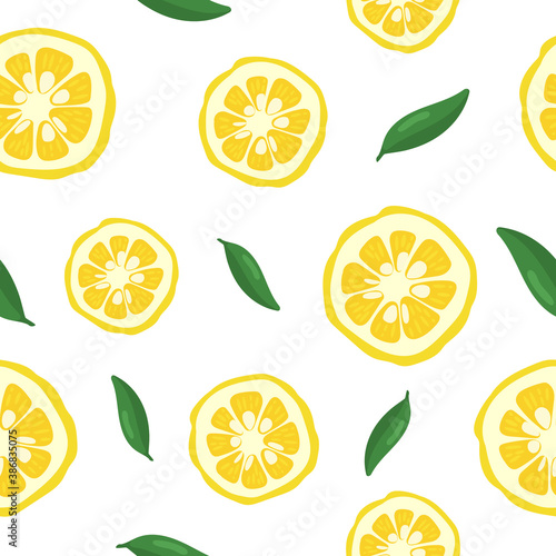 Yuzu japanese citron fruit seamless pattern vector illustration isolated on white background. Full citrus yuzu fresh fruit with green leaves .