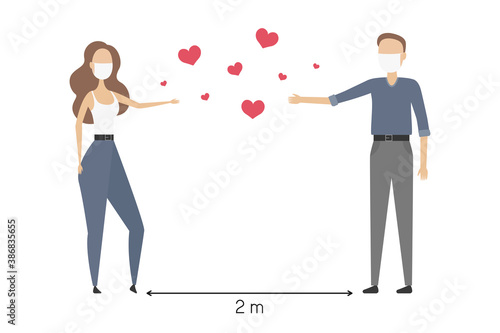 Social distancing 2 meters. Man and woman in face masks. Vector illustration.