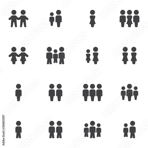 Crowd of people vector icons set, people group modern solid symbol collection, filled style pictogram pack. Signs, logo illustration. Set includes icons as family, teamwork, friends, man and woman
