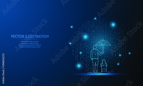glowing a man covers a woman in the rain on a dark blue background of the space with shining stars.