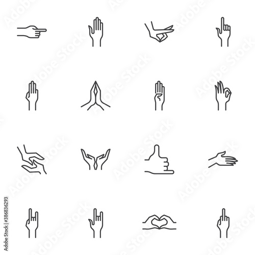 Hand gestures line icons set, outline vector symbol collection, linear style pictogram pack. Signs logo illustration. Set includes icons as middle finger pointing, heart shape, praying hands, touching