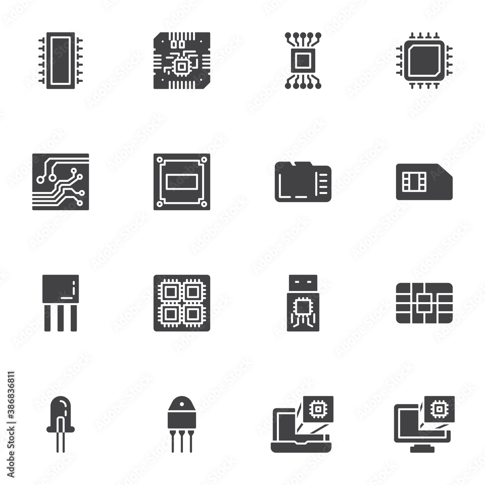 Computer microchip vector icons set, modern solid symbol collection, filled style pictogram pack. Signs logo illustration. Set includes icons as cpu processor, pc chip, circuit board, laptop hardware Computer microchip vector icons set, modern solid symbol collection, filled style pictogram pack. Signs logo illustration. Set includes icons as cpu processor, pc chip, circuit board, laptop hardware