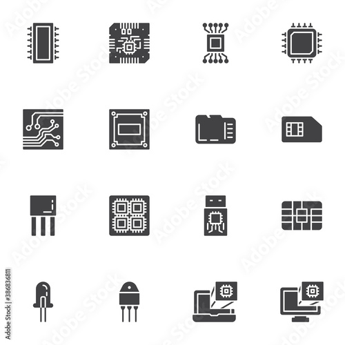 Computer microchip vector icons set, modern solid symbol collection, filled style pictogram pack. Signs logo illustration. Set includes icons as cpu processor, pc chip, circuit board, laptop hardware
