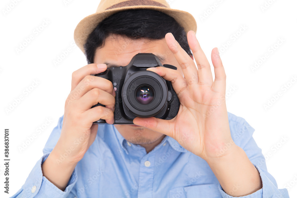 Close-up of professional photographer while taking pictures Close-up of professional photographer while taking pictures