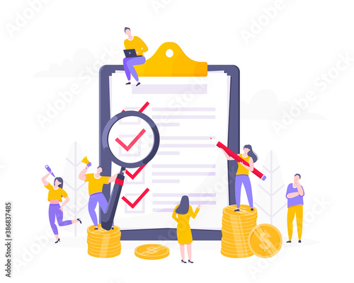 Online survey form or insurance application on the clipboard, claim form and tiny people working together. Internet questionnaire, online education quiz vector illustration concept metaphor.