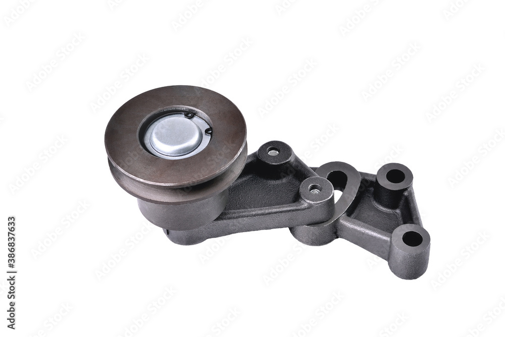 pump drive belt tensioner for car engine cooling system, engine pump drive belt tensioner roller, auto engine cooling system detail, car repair, truck engine detail, close-up