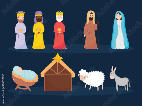 nativity, manger characters and animals season celebration icons