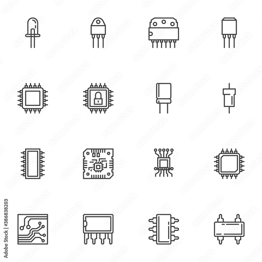 Microchip technology line icons set, outline vector symbol collection, linear style pictogram pack. Signs, logo illustration. Set includes icons as computer processor, cpu chip, semiconductor, circuit