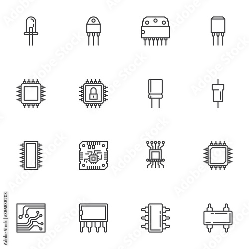 Microchip technology line icons set, outline vector symbol collection, linear style pictogram pack. Signs, logo illustration. Set includes icons as computer processor, cpu chip, semiconductor, circuit