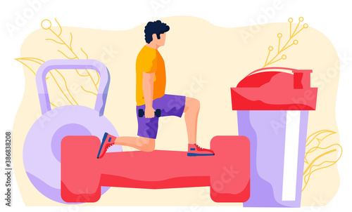 Strong young man dressed in sportswear doing fitness squat down with dumbbells, the athlete keeps his body in a slim shape, doing workout exercise. Healthy lifestyle, guy training, doing sports