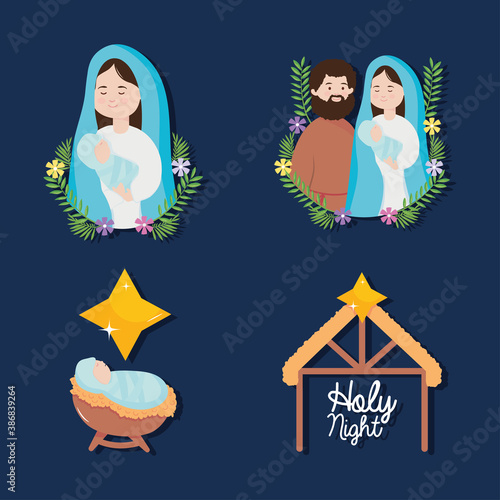 nativity, manger joseph mary baby jesus star and stable icons