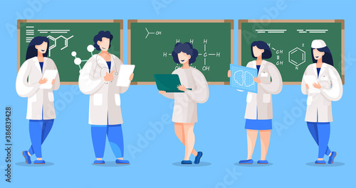 Collection of chemists studying in college or university. Future doctors and medical workers defending final paper presenting molecule on blackboard. Teachers or mentors on seminar, vector in flat