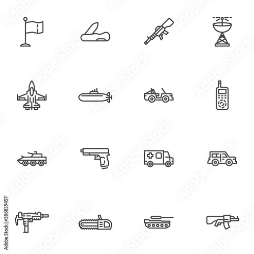 Military ammunition line icons set, outline vector symbol collection, linear style pictogram pack. Signs, logo illustration. Set includes icons as jet fighter plane, submarine, suv, tank, gun, pistol