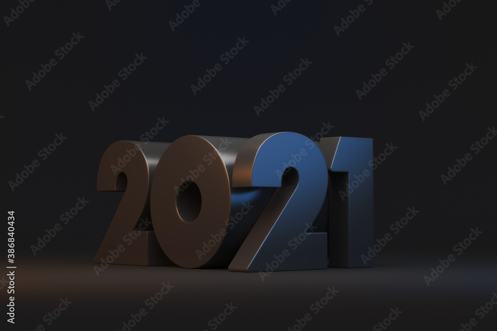 Happy New Year 2021. Metallic shiny inscription 2021 on black background. Illustration for advertising. 3D rendering. Happy New Year 2021. Metallic shiny inscription 2021 on black background. Illustration for advertising. 3D rendering.
