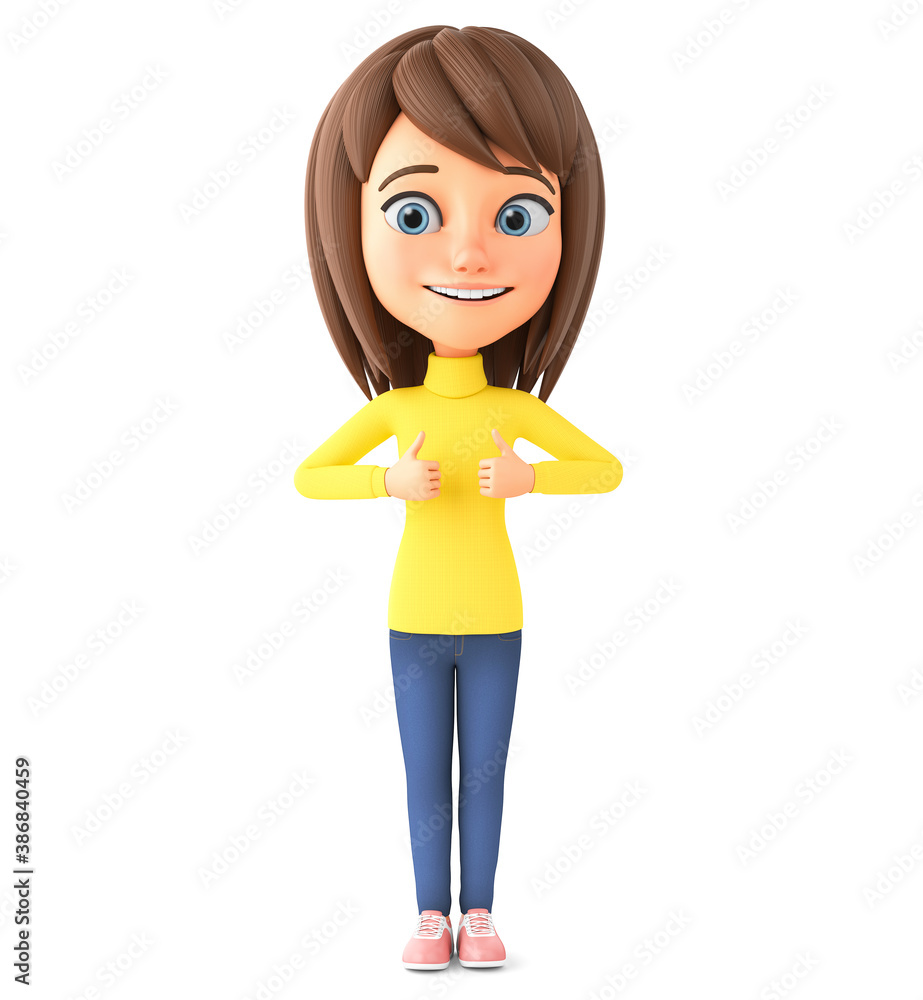 Cartoon character girl in winter clothes shows two raised thumbs up on an isolated white background. 3d render illustration. Cartoon character girl in winter clothes shows two raised thumbs up on an isolated white background. 3d render illustration.