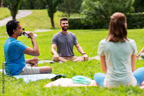 fitness, sport and healthy lifestyle concept - group of happy people sitting on yoga mats at park