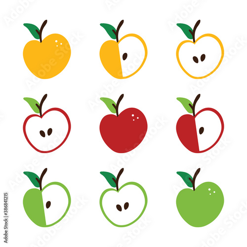 Set, collection of red, yellow, green apples icons whole and cut for food design.