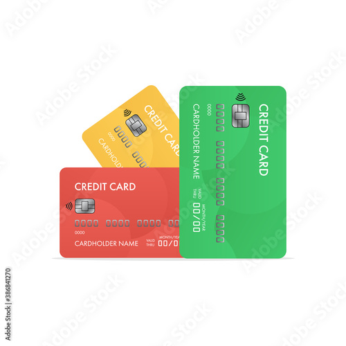 Pile of three colorful credit cards for card payment operations design. Vector illustration.
