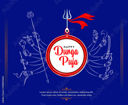 Happy Durga Puja Festival Background with Goddess Durga Hands, Trident and Stylish Text for Hindu Religious Festival Durga Puja or Navaratri. Line art Vector Illustration.