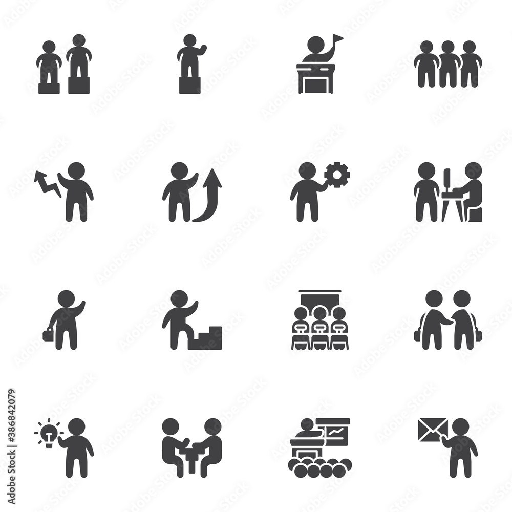 Business teamwork vector icons set, business people group modern solid symbol collection, filled style pictogram pack. Signs, logo illustration. Set includes icons as conference meeting, team leader