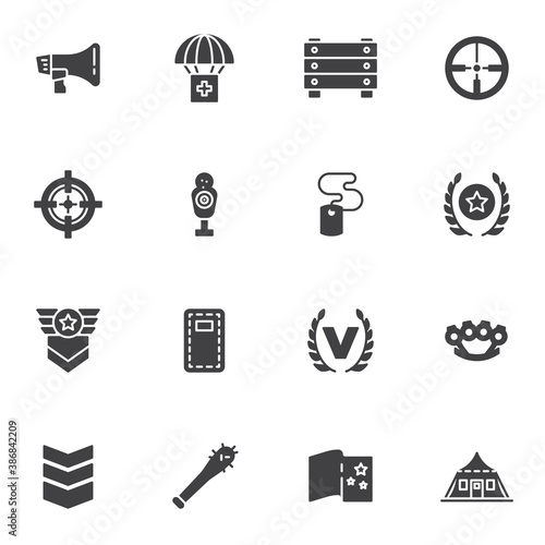 Military vector icons set, modern solid symbol collection, filled style pictogram pack. Signs, logo illustration. Set includes icons as sniper aim, target, military rank, shelter, security shield