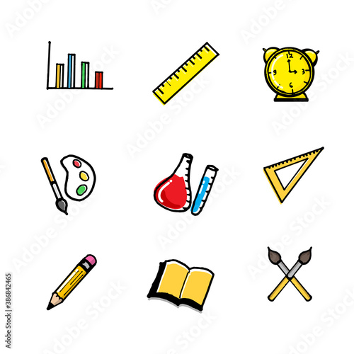 stationery for office or school vector illustration isolated on white background. hand drawn vector. bar chart, ruler, alarm clock, palette and paintbrush, beaker, pencil and book. icon of learning. 
