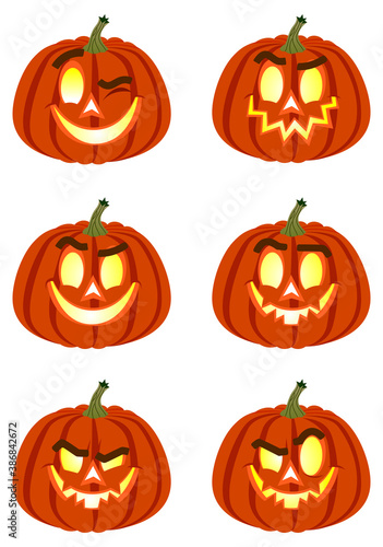 A set of scary pumpkins for Halloween. Glowing eyes and mouths, scary smiles and emotions. Vector image isolated on a white background.