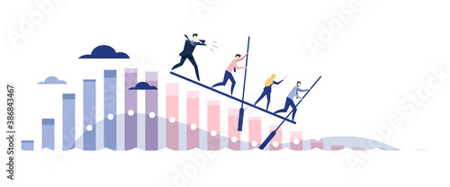 A business team is floating by raft on the sea of analytics data. A boss manages the team. Vector illustration.
