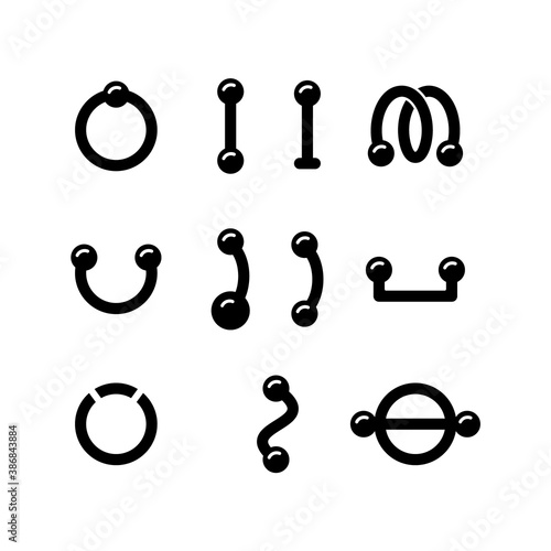 Piercing, set of different silhouette earring. Outline icon of barbell, ring, surface bar, labret stud, nipple shield, twister. Black simple illustration. Isolated vector pictogram, white background