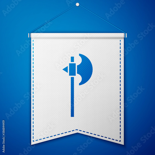 Blue Medieval axe icon isolated on blue background. Battle axe, executioner axe. Medieval weapon. White pennant template. Vector.