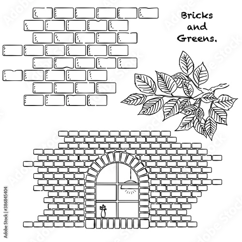 レンガ　緑　部屋　あしらい　ペン画　手書き