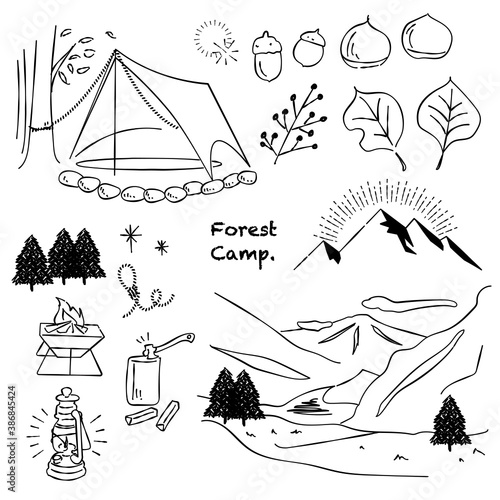 キャンプ　山　川　あしらい　ペン画　手書き