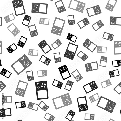 Black Portable tetris electronic game icon isolated seamless pattern on white background. Vintage style pocket brick game. Interactive playing device. Vector.