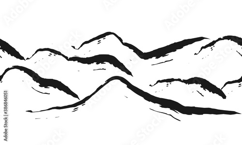 Vector grunge mountains silhouette isolated on white background. Seamless mountains pattern. The peaceful hill, mountain landscape. Hand-drawn illustration.