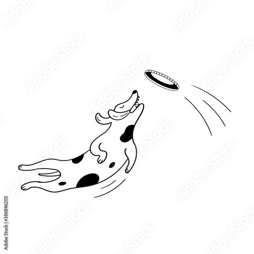 Dog catches a flying saucer. Games with pets. Black and white vector funny animal graphic