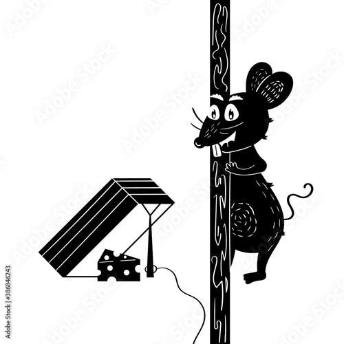 Mouse hunts for cheese next to a rat trap. The hungry rodent hunts. Black and white hand drawn vector graphics