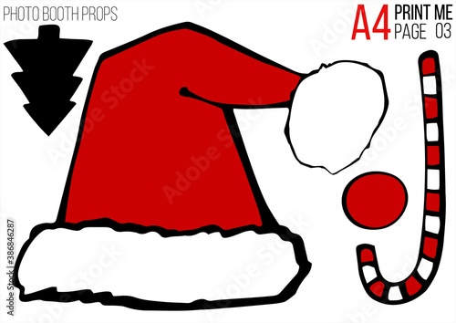 Christmas holiday photo booth props A4 template. Vector xmas masquerade party costume accessories collection. Noel decoration. Happy new year cartoon illustration card background