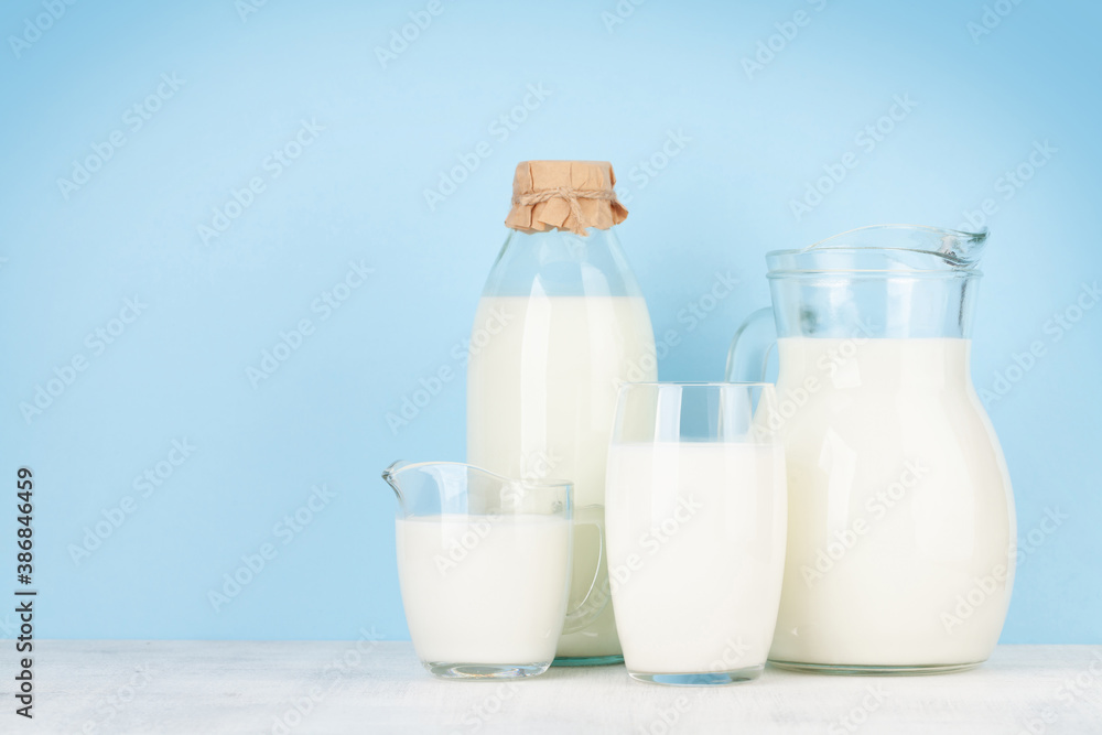 Milk in glass, bottle and jug Milk in glass, bottle and jug