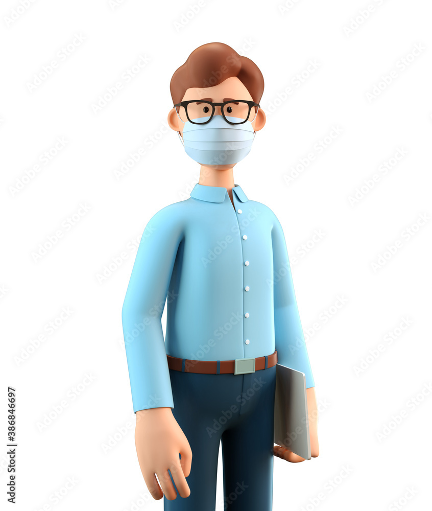 3D illustration of standing man wearing protective face mask. Cartoon businessman with tablet, isolated on white background. Self-protection against COVID-19 concept.