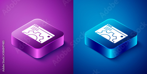 Isometric Browser setting icon isolated on blue and purple background. Adjusting, service, maintenance, repair, fixing. Square button. Vector.