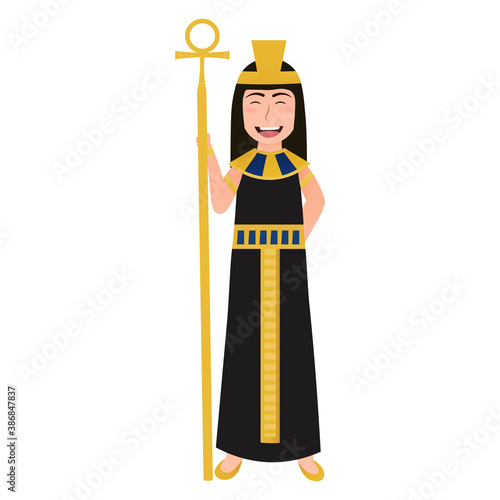Little cute girl in cleopatra costume, ancient egyptian queen character, gold necklace and headdress, historical leader